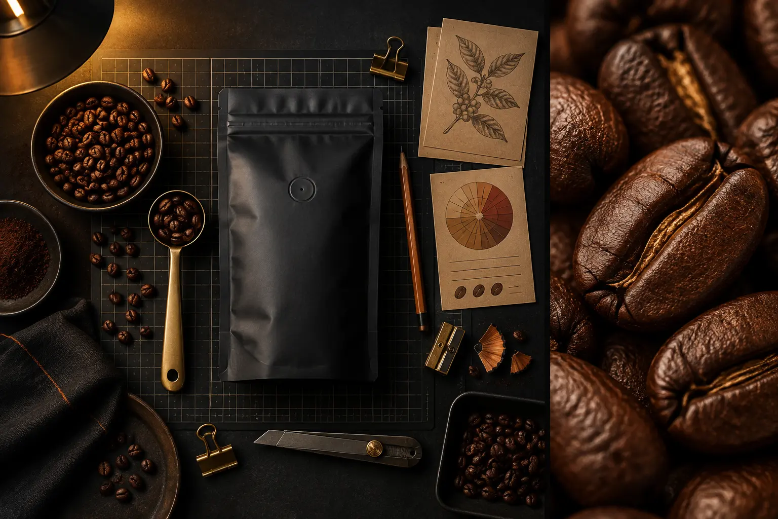 Coffee beans, craft tools and packaging arranged on a dark cutting mat