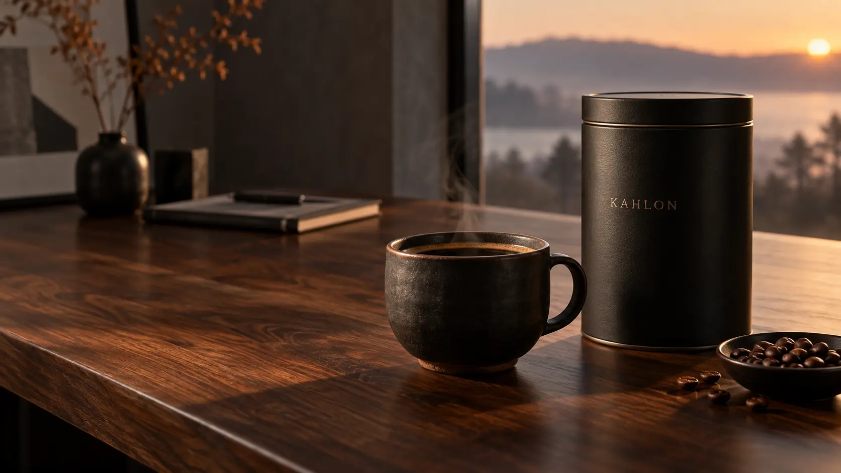 Kahlon coffee canister and ceramic cup on a walnut desk at dawn